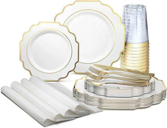 " OCCASIONS " 640 Piece set (80 Guests)-Heavyweight Wedding Party Disposable Plastic Plate Set - 80 x 10.5'' + 80 x 8'' + Silverware + Cups + Napkins (Imperial White & Gold)