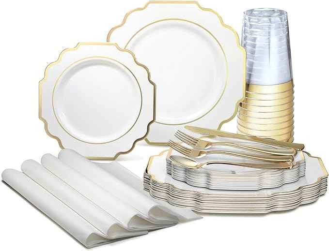 " OCCASIONS " 320 Piece set (40 Guests)-Heavyweight Wedding Party Disposable Plastic Plate Set - 40 x 10.5'' + 40 x 8'' + Silverware + Cups + Napkins (Imperial White & Gold)