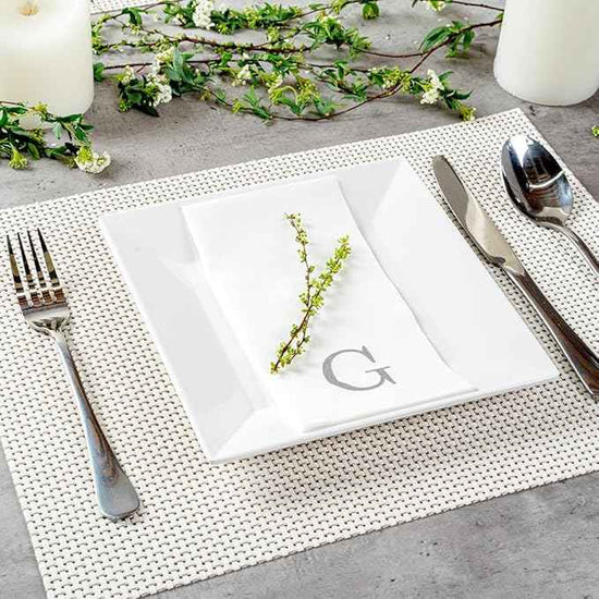 Luxenap 15.8 X 7.9 Inch Linen-Feel Guest Towels, 50 Lettered Hand Towels - Silver Letter 'G', Sans Serif Font, White Paper Dinner Napkins, airlaid, For Restrooms And Tables - Restaurantware