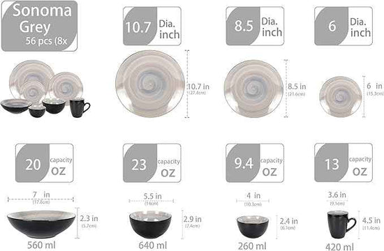 Stoneware Sonoma Dinnerware Set, Black + Speckled Spin Wash (56pc Set, Grey)
