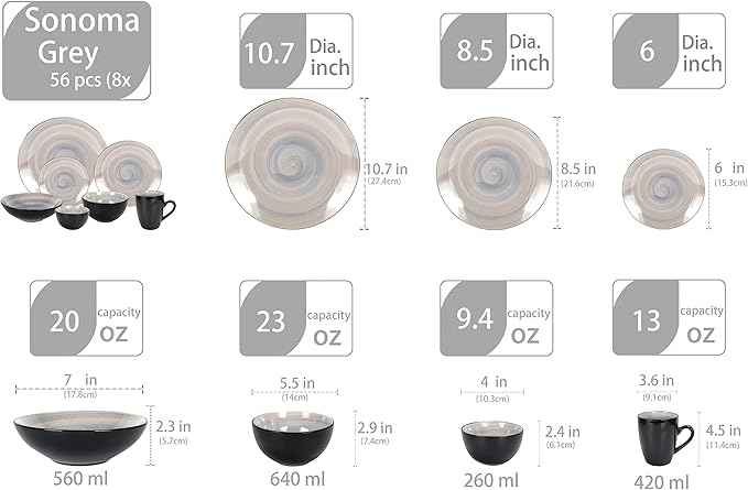 Stoneware Sonoma Dinnerware Set, Black + Speckled Spin Wash (56pc Set, Grey)