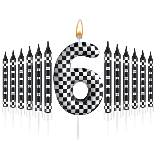 13 Pcs Racing Cars Themed Birthday Candles 12 Black and White Race Number 6 Checkered Candle Cake Topper for Racing Car Party Decoration Supplies (13 Count)