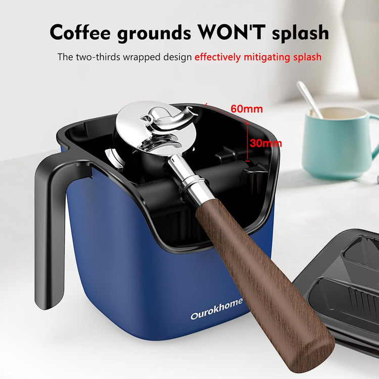 Ourokhome Knock Box Espresso Accessories, The Latest Patented Stainless Steel Espresso Machine Tool for Coffee Ground with Removable Knock Bar, Handle and Lid, Dishwasher safe, 4.8 inch (Deep Blue)