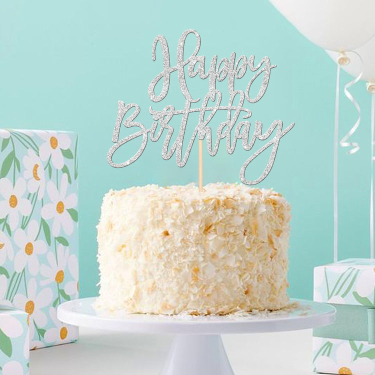 1 PCS Happy Birthday Cake Topper Glitter Happy Birthday Cake Pick for Celebrating Happy Birthday Anniversary Theme Party Cake Decorations Supplies Silver