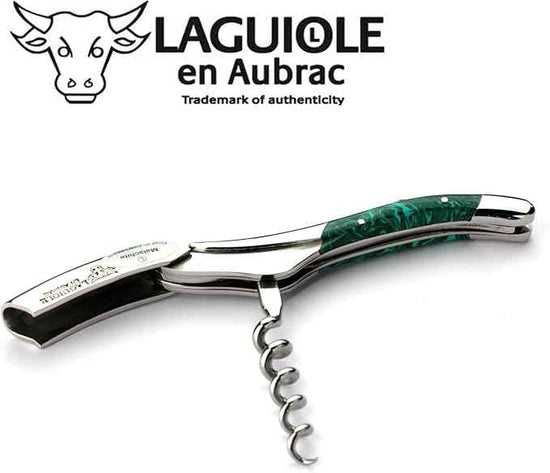 Laguiole en Aubrac corkscrew sommelier waiters knife 3 functions SOM99PMI malachite handle, stainless steel shiny