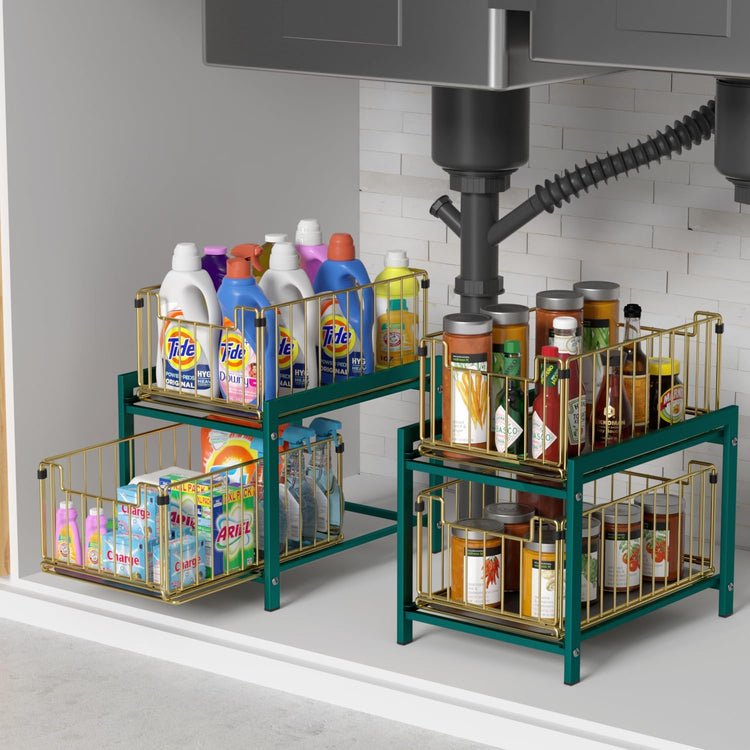 2 Tier Sliding Basket Drawer Organizer, Lxmons Pull Out Under Sink Cabinets Organizers, Metal Home Shelf for Bathroom or Kitchen, Sliding Countertop or Pantry Storage Shelf, Large Gold Green