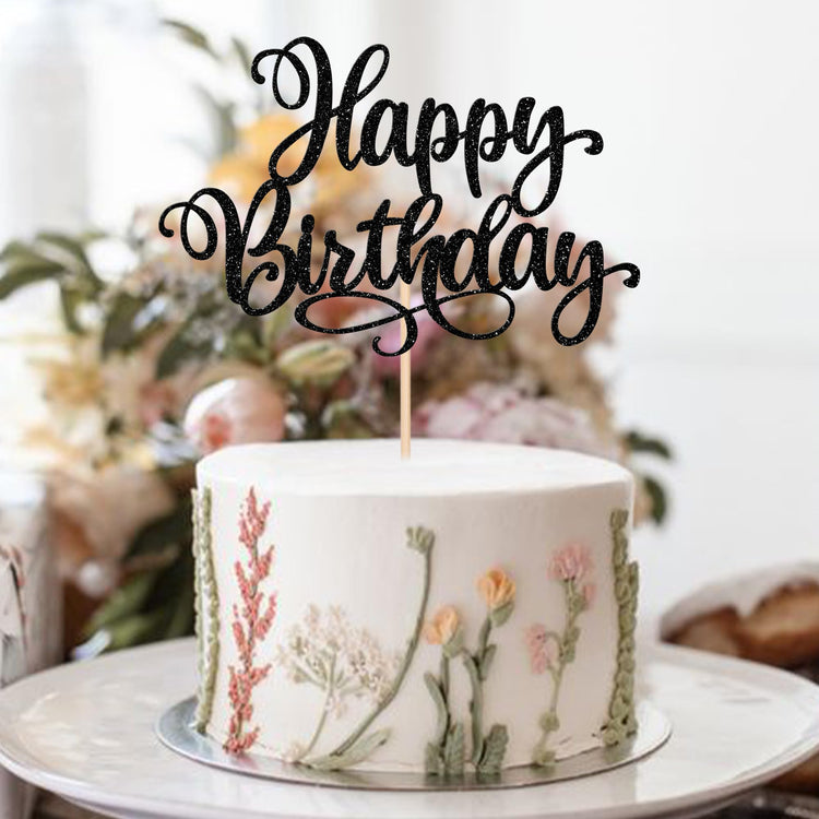 1 PCS Happy Birthday Cake Topper Glitter Happy Birthday Cake Pick Bunting Decor for Anniversary Celebrating Happy Birthday Party Cake Decorations Supplies Black