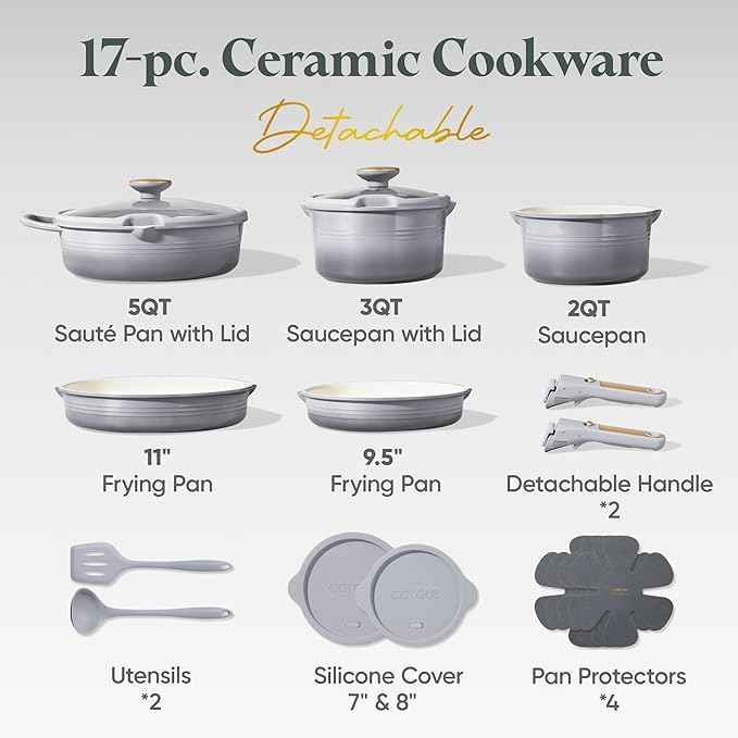 CAROTE 17Pcs Titanium Cookware Set, Pots and Pans Set Non Stick, Kitchen Cooking Set with Detachable Handle, Non Toxic Induction Cookware, Dishwasher/Oven Safe
