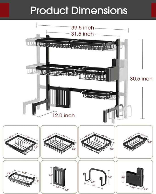 Over The Sink Dish Drying Rack - Adjustable 3 Tier XX-Large Capacity Stainless Steel Drainer with Cutlery & Utensil Holders, Kitchen Storage & Organization, 31.5"-39.5"L x 12"W x 30.5"H, Black