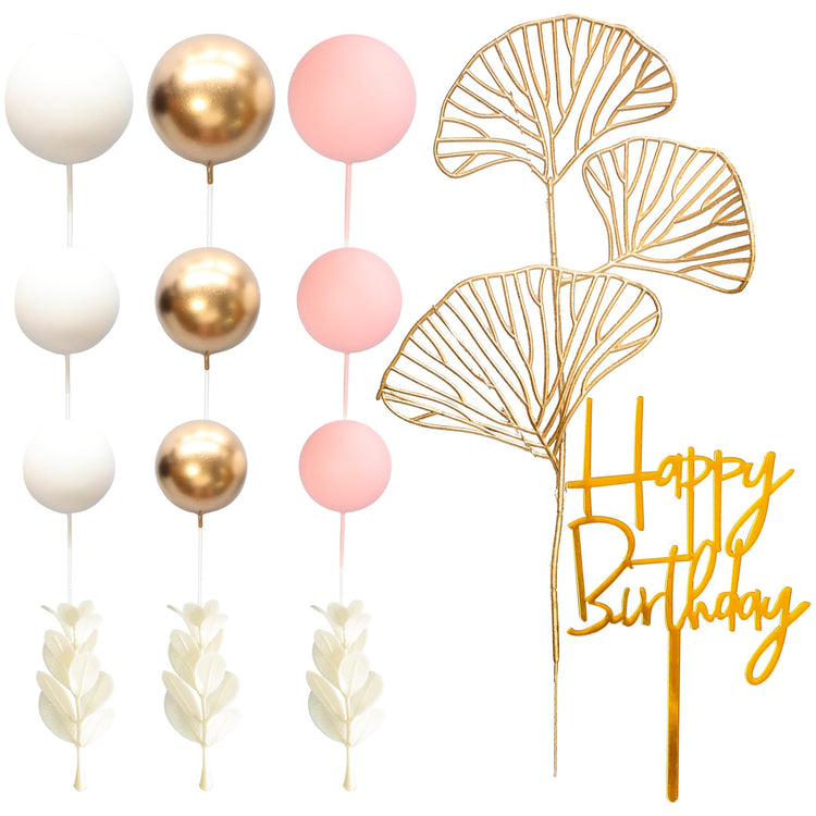 57Pcs Balls Cake Topper Boho Grass Cake topper Pearl Balls Acrylic Happy Birthday Cake Decorations for Wedding Baby Shower Birthday Boho Themed Party Supplies Pink (57 Count)