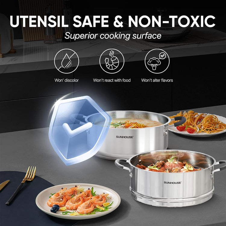 5 QT Stainless Steel Steamer Pot for Cooking with Glass Lid