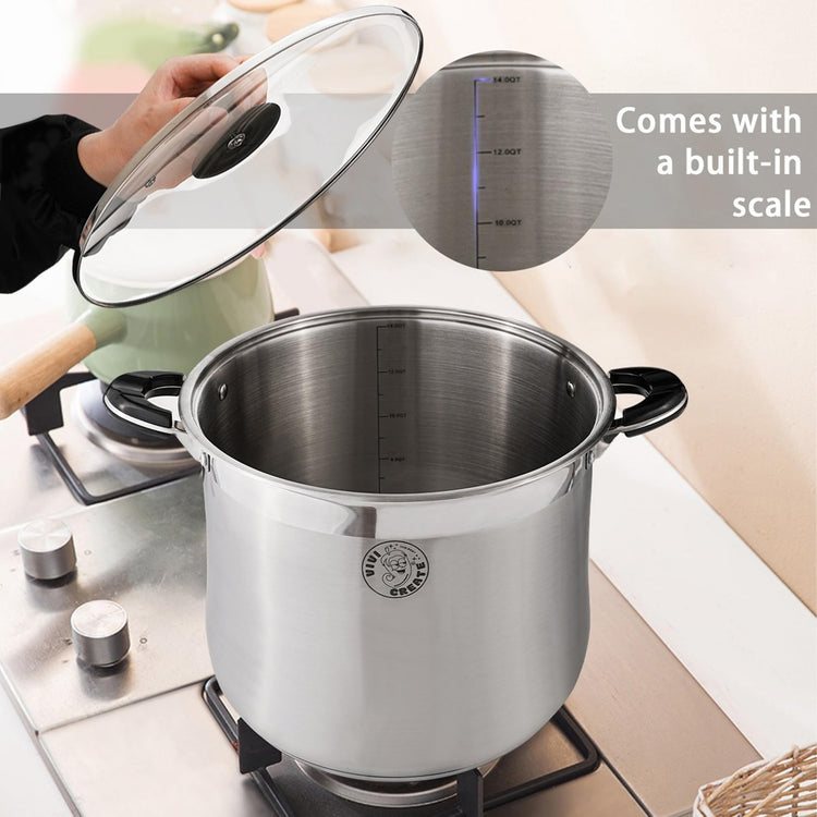14.5 Quart Stainless Steel Stock Pot with Lid Large Induction Cooking Pot for Pasta Soup Boiling Stew with Measurement Marks and Handles