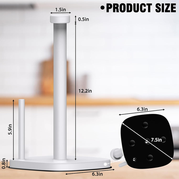 Paper Towel Holder Countertop, Standing Paper Towel Roll Holder for Kitchen Bathroom Organize, Stand with Weighted Base Suction Cups, Stainless Steel One-Handed Operation (White)