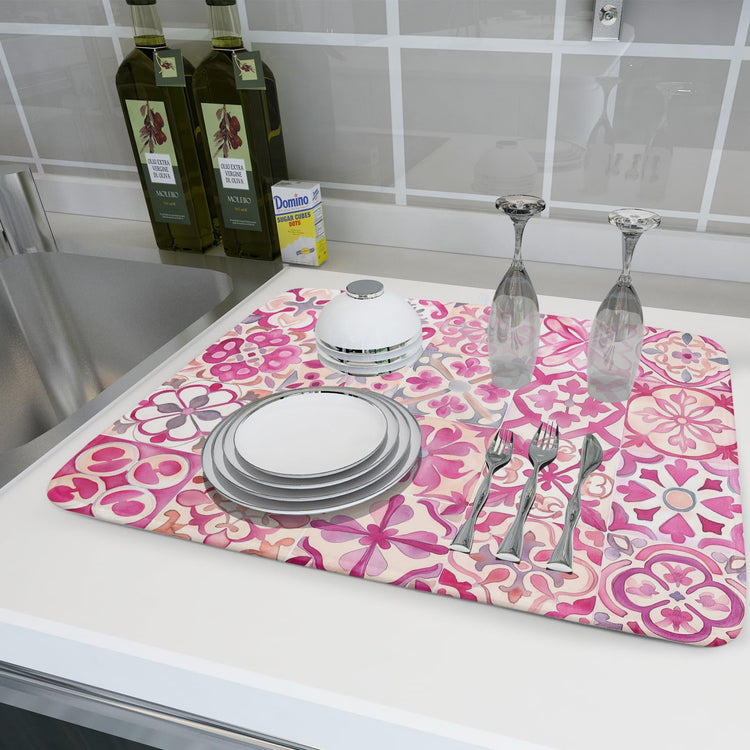Pink Mexican Tiles Dish Drying Mat Absorbent Microfiber Dish Drying Pad for Kitchen Multi