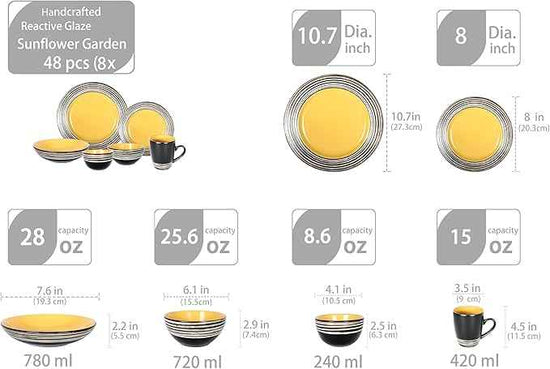 48 Piece Dinnerware Set, Ceramic Plates and Bowls Sets for 8, Microwave and Dishwasher Safe, Handcrafted Tree Bark Series Dish Set, Sunflower/Yellow