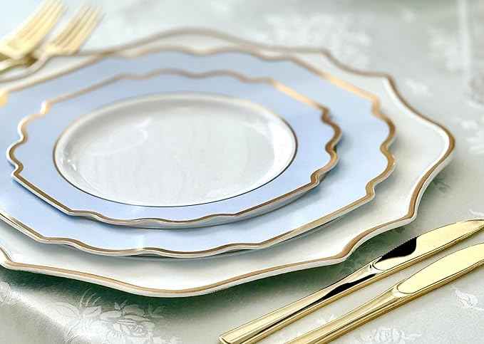 " OCCASIONS " 960 Piece set (120 Guests)-Heavyweight Wedding Party Disposable Plastic Plate Set - 120 x 10.5'' + 120 x 8'' + Silverware + Cups + Napkins (Imperial in White & Blue & Gold)