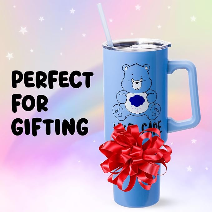 Silver Buffalo Care Bears Grumpy Bear Like I Care Double Walled Stainless Steel Tumbler with Handle and Straw, Fits in Standard Cup Holder, 40 Ounces