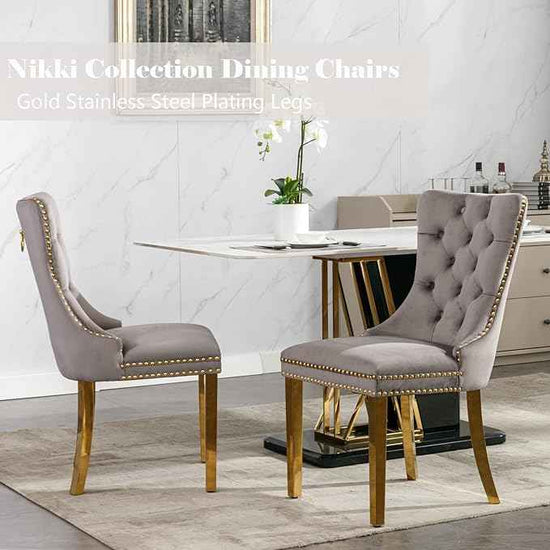 Grey Velvet Dining Chairs Set of 2, Upholstered Dining Room Chairs with Back Ring Pull Trim and Golden Stainless Steel Legs,Modern Kitchen Chairs for Dining Room,Living Room,Kitchen(Grey)