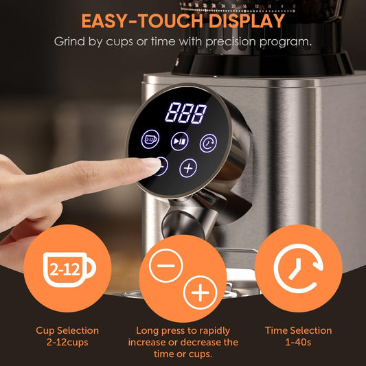 Biolomix Burr Coffee Grinder,Coffee Grinder, 48 Grind Settings and LED Control Panel,Digital Timer, Anti Static,Anti Clogging Coffee Bean Grinder,Grinds 2-12 Cups of Coffee, Black
