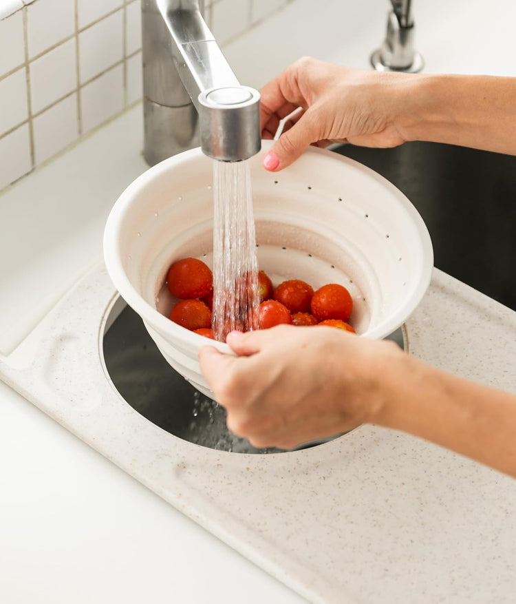 Dexas Over the Sink PolyFiber Flax Cutting Board with Collapsible Colander Strainer, 11.5 x 20", Cream