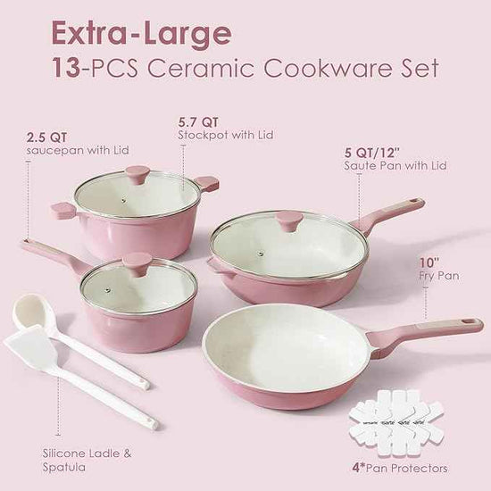 SENSARTE Nonstick Ceramic Cookware Set Large 13-Piece, Healthy Pots and Pans Set Dishwasher Safe, Non-toxic Kitchen Cooking Set with Stay-Cool Handles, Induction Compatible, PFAS Free, Pink