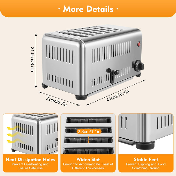 6 Slice Toaster with Wide Slots Commercial Toasters for Restaurant Bread Baking Machine 1680W Stainless Steel Toaster Countertop for Toast