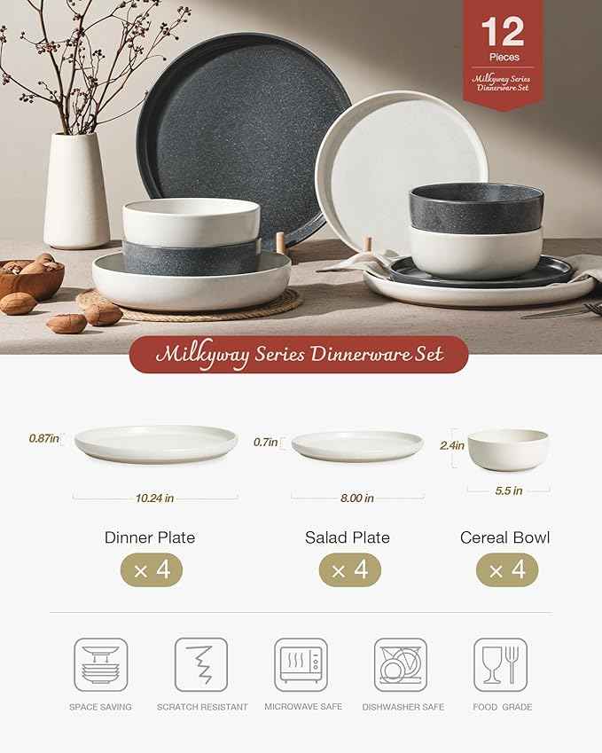 Famiware Milkyway Plates and Bowls Sets, 12 Pieces Dinnerware Sets, Reactive Glaze Dish Set, Stoneware Dishes Set for 4, Matte Beige White & Matte Dark Charcoal