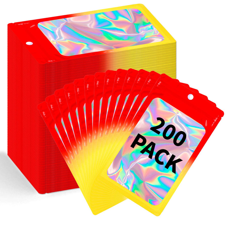 200 Pack Resealable Mylar Holographic Bags Food Storage Smell Proof Bags with Front Window Foil Packaging Pouch for Candy Sample Jewelry Small Business 4.72×7.87 Inch (200 Count)