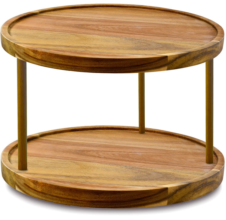 10" Two Tier Acacia Wood Lazy Susan Organizer Kitchen Turntable for Cabinet Pantry Table Organization