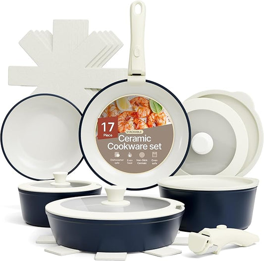 Bakken 17-Piece Ceramic Coated Aluminum Cookware Set, Nonstick Pots and Pans with Lids, Silicone Cooking Utensils & Oven Mitts, All Stovetop Safe Up To 500°F, PTFE & PFAS Free, Dishwasher Safe