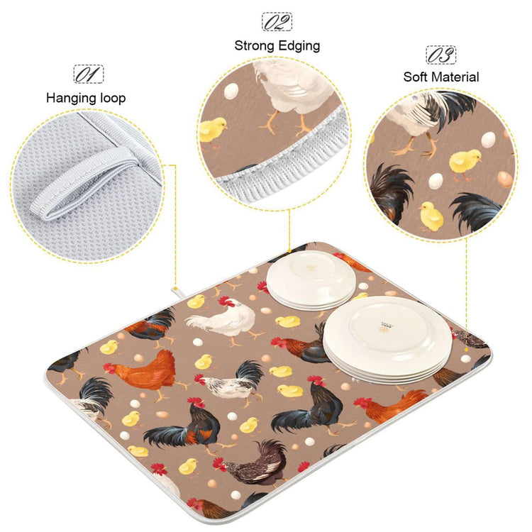 Colorful Hens Roosters Dish Drying Mat for Kitchen Counter Absorbent Microfiber Drying Pad