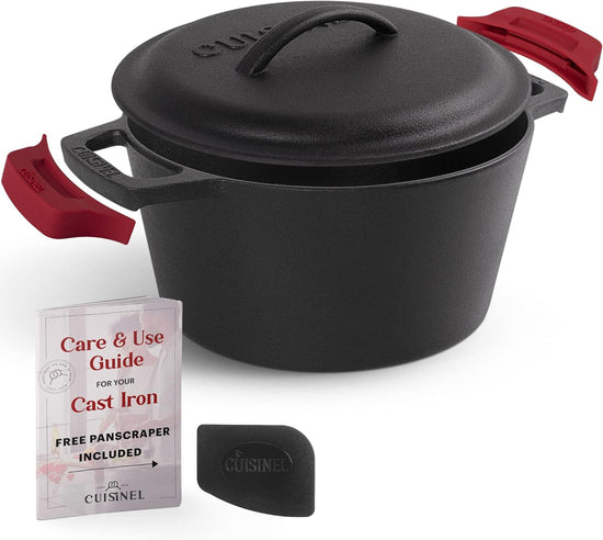 Cuisinel Cast Iron Dutch Oven - 3-Quart Deep Pot + Lid + Pan Scraper + Handle Covers - Large Pre-Seasoned Cooker for Baking Bread, Soup, Frying - Indoor/Outdoor Kitchen, Camping, Fire, BBQ Cookware - Nestoria