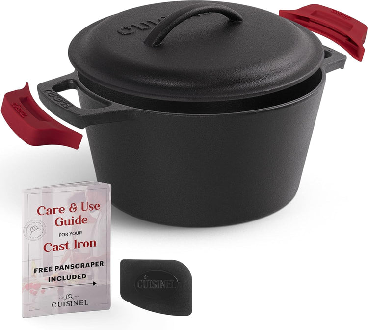 Cuisinel Cast Iron Dutch Oven - 3-Quart Deep Pot + Lid + Pan Scraper + Handle Covers - Large Pre-Seasoned Cooker for Baking Bread, Soup, Frying - Indoor/Outdoor Kitchen, Camping, Fire, BBQ Cookware - Nestoria