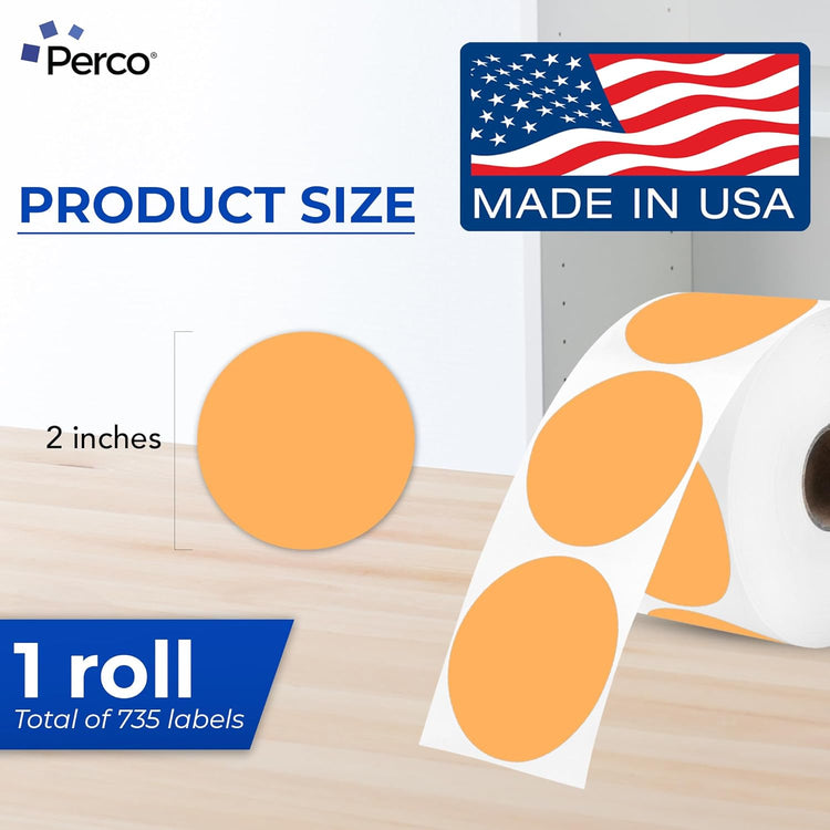 Perco Orange 2-Inch Perforated Circle Dot Thermal Sticker Labels — 735 Stickers/Roll, Direct Thermal Printer Compatible—with Permanent Adhesive for Organizing, Color Coding, Bin Labeling—Made in USA