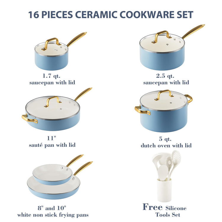 Ceramic Cookware Set 16 Pcs Oven & Dishwasher Safe