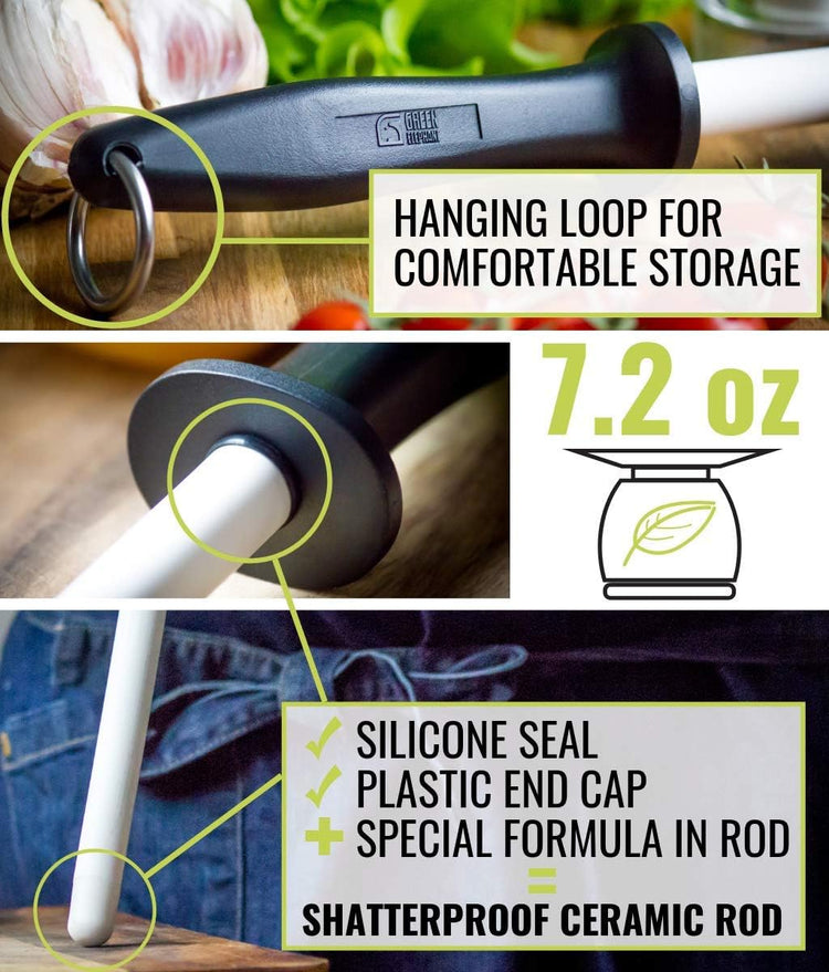Green Elephant Ceramic Sharpening Rod, Lightweight & Highly Durable 11-Inch Shatterproof Ceramic Honing Rod For Professional Chefs and Home Cooks