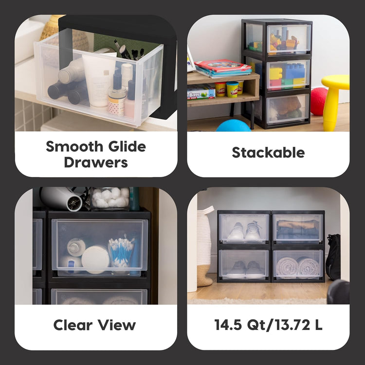 3-Pack, 14.5 Qt. Stacking Drawer Storage Organizer, Black (3 Count)
