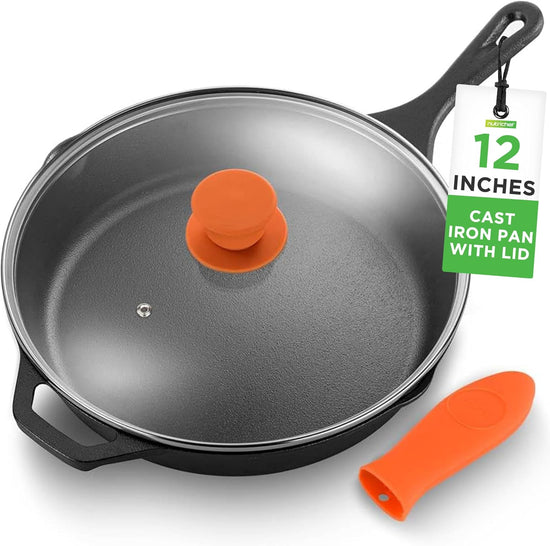 NutriChef 12-Inch Cast Iron Skillet w/Lid - Pre-Seasoned, Oven Safe, Nonstick, Cool-Touch Silicone Handle, For All Cooktops - NCCI12 - Nestoria