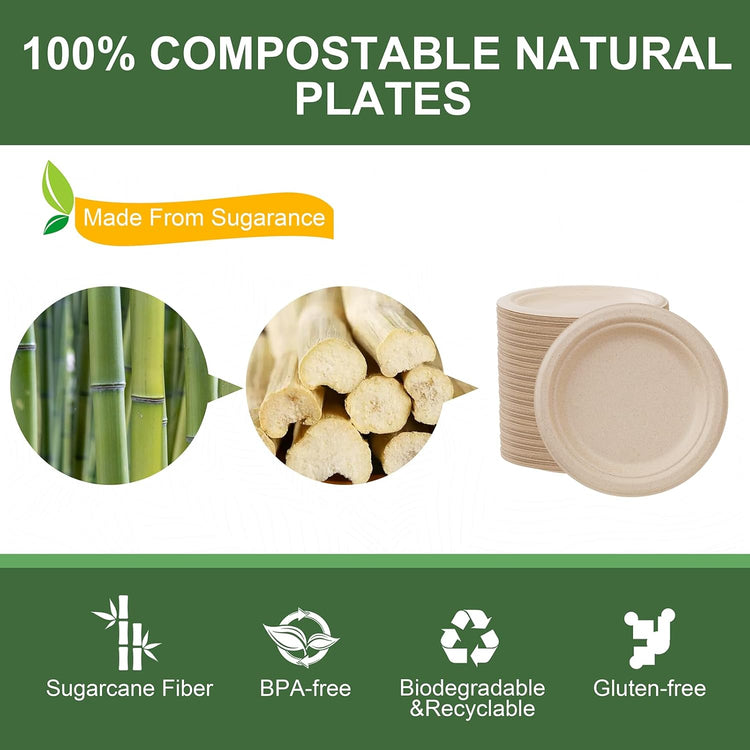 WELLIFE 100% Compostable Paper Plates 7 Inch, 125-Pack Dessert Paper Plates Bulk, Biodegradable Bagasse,Eco-Friendly Disposable Plate Small for BBQ,Picnic,Party (BPI Certified,Microwaveable)