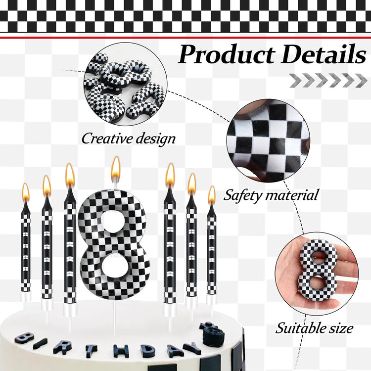 13 Pcs Racing Cars Themed Birthday Candles Black and White Race Number 8 Checkered Candle Cake Topper for Racing Car Party Decoration Supplies (13 Count)