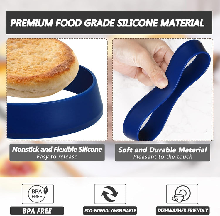 KOLUTI 4 Inch Round English Muffin Rings, 6Pcs Nonstick Silicone Cooking Crumpet Pancake Pastry Cookie Baking Mold, Durable Circle Egg Patty Omelette Cooker Ring for Frying, BPA Free, Blue