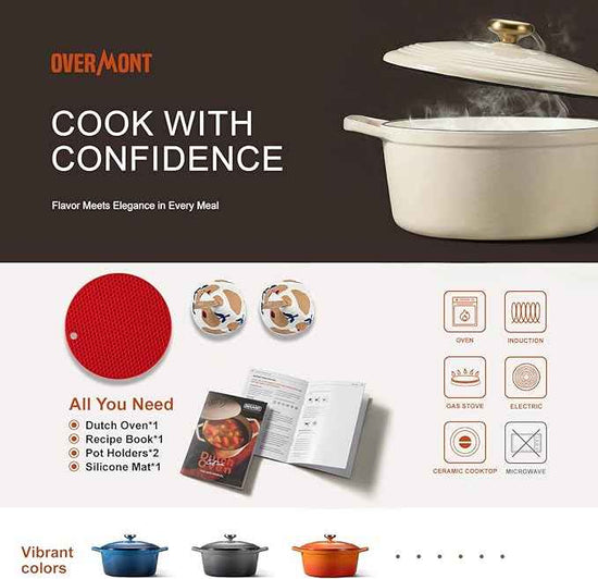 Overmont Enameled Cast Iron Dutch Oven - 5.5QT Pot with Lid Cookbook & Cotton Potholders - Heavy-Duty Cookware for Braising, Stews, Roasting, Bread Baking White