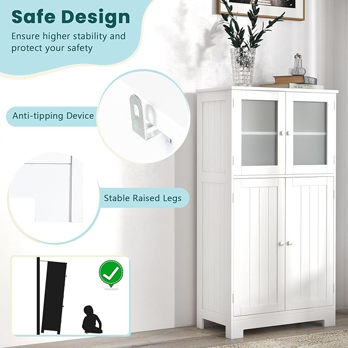 COSTWAY Bathroom Storage Cabinet, Wooden Linen Storage Organizer Cupboard with Doors & Adjustable Shelf, Freestanding Floor Cabinet for Living Room, Kitchen, Entryway, Office (White)