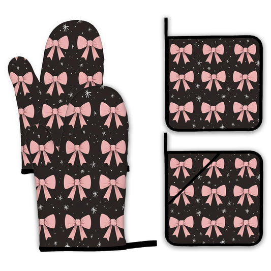 Cute Pink Bow Oven Mitts and Pot Holders (4 Count)