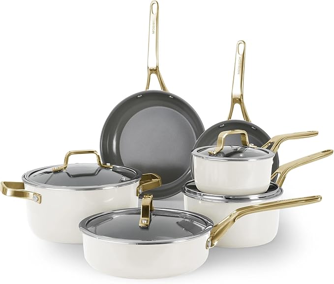 10-Piece Ceramic Nonstick Cookware Set with Lids - PFAS/PTFE/PFOA-Free, Interior & Exterior Ceramic Coating -Easy to Clean- Kitchen Storage-All Stovetop Compatible & Oven-Safe up to 480°F