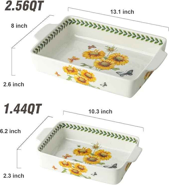 Ceramic Sunflower Baking Casserole Dish with Handles,Large 2 pieces 8x13 inch & 6x10 inch Lasagna Baking Dish and Middle Flower Andplant Baking Pan,Porcelain Serving Bakeware Set