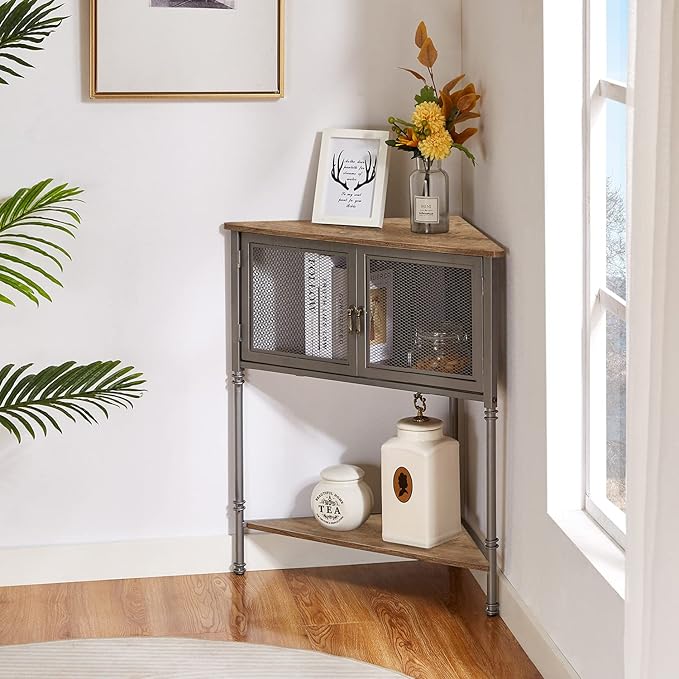VECELO Corner Cabinet/Table, 3-Tier Display Shelves with Protection Door, Metal Frame Storage Shelf Organizer for Small Space, Living Room, Kitchen, Bathroom