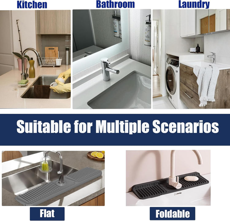 17.7" Silicone Faucet Mat for Kitchen Sink,Folding Sink Splash Guard Behind Faucet,Fasten Button & 6° Slope Design Faucet Drain Mat for Kitchen and Bathroom,Faucet Draining Mat(Black）