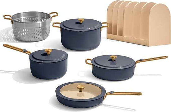 Our Place 11-Piece Essentials Complete Cookware Set - Ceramic Fry Pan, Saucepan, Sauté Pan, Stock Pot, Strainer Basket & Rack Storage | Thermakind™ Nonstick, Oven Safe up to 450°F | Blue Salt