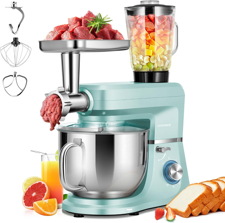 VIVOHOME 6 in 1 Multifunctional Stand Mixer with 8.5 Quart Stainless Steel Bowl, 660W 10 Speed Tilt-Head Meat Grinder, Juice Blender, Vegetable Slicer, Pasta and Cookie Maker, Blue